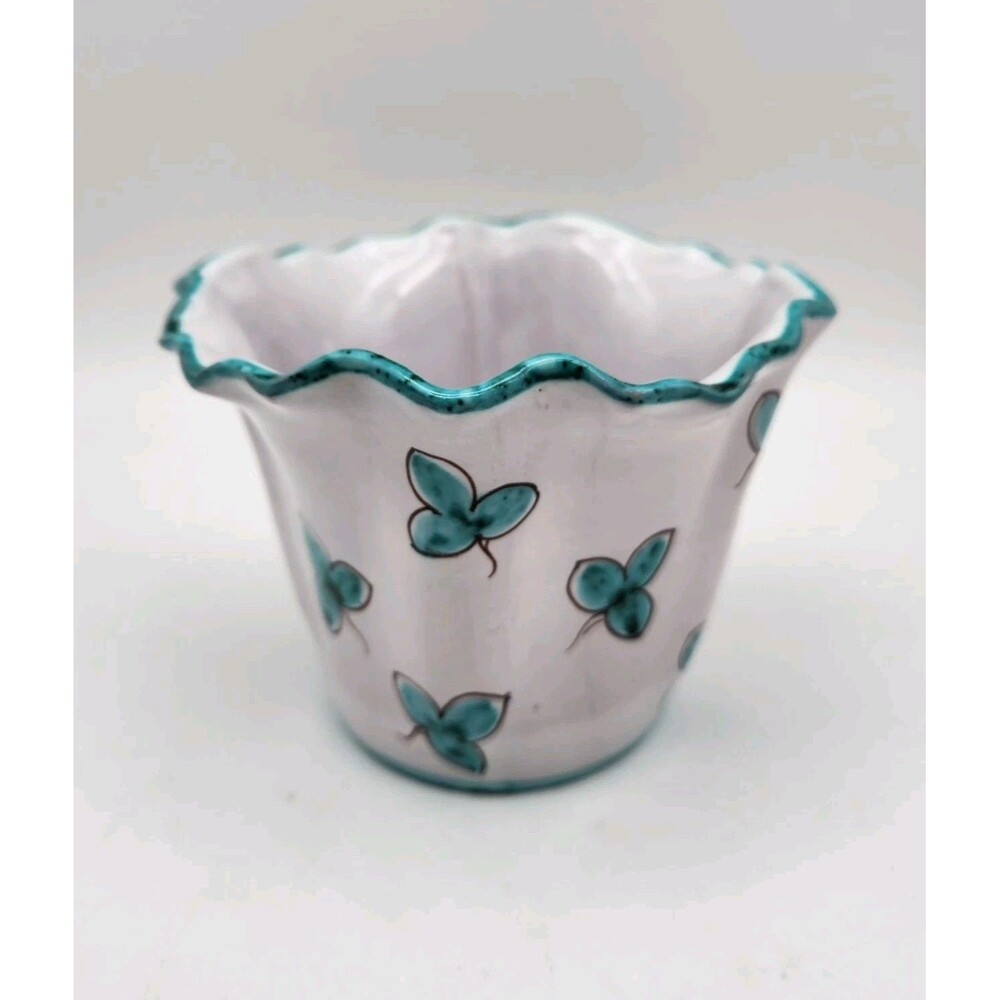 Italian Ceramic Aqua /White Floral Flower Pot 4" Made In ITALY Numbered